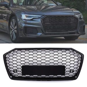 RS6 Style Front Honeycomb Grille Gloss Black - Audi A6 C8 19-24