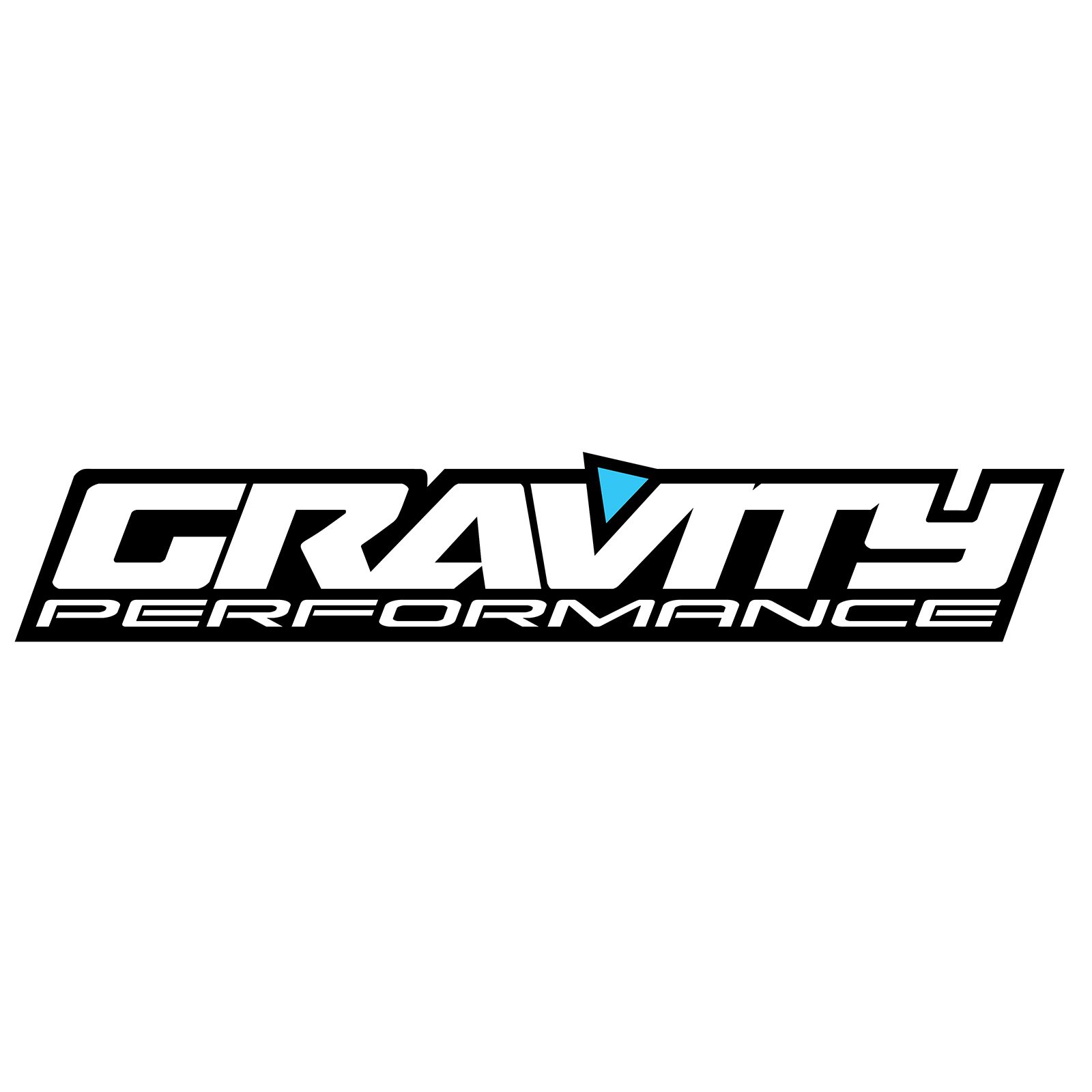 Gravity Performance Outline Logo Decal – 12″ White On Black + Blue Triangle