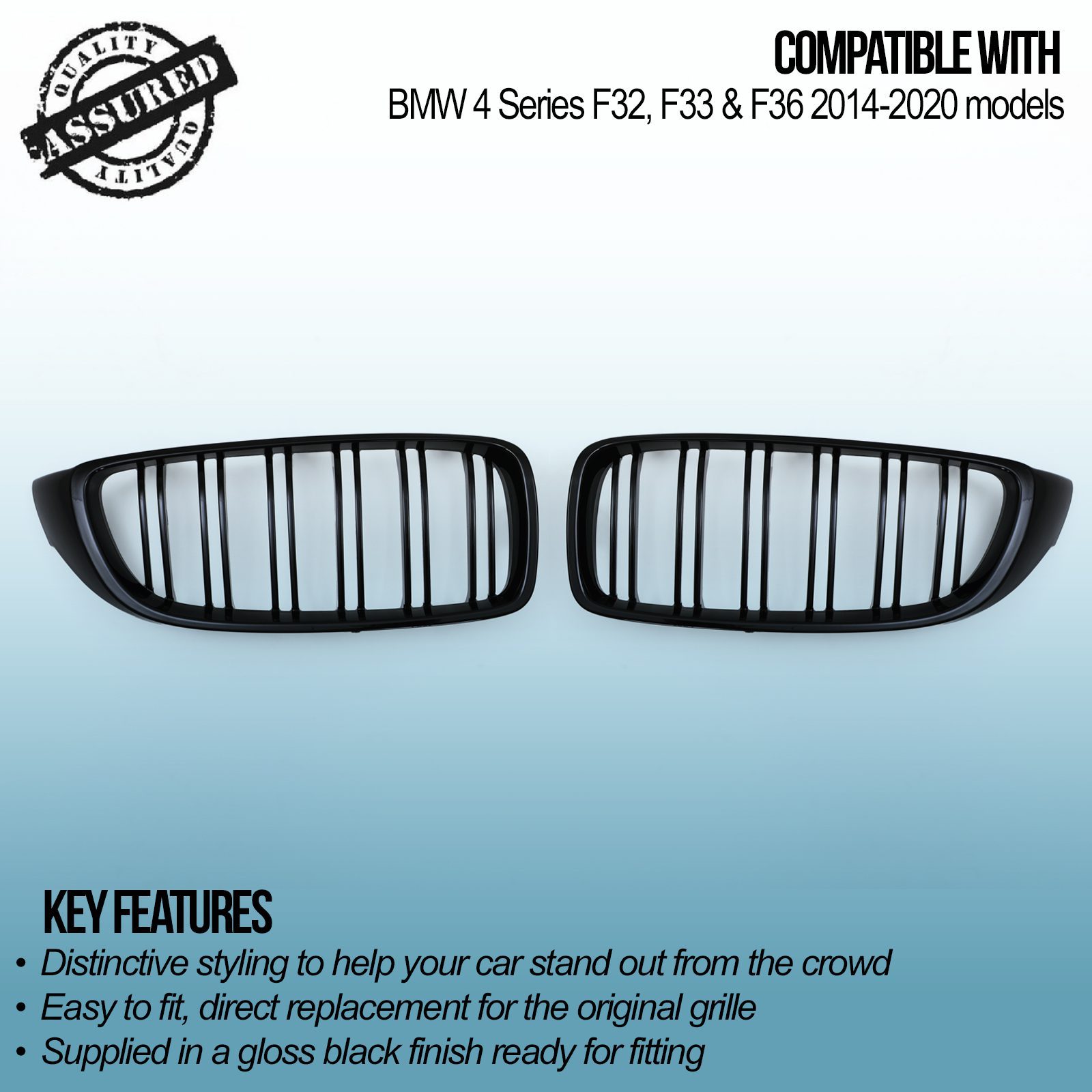 Gloss Black Twin Slat Kidney Grille Set For BMW 4 Series F32 F33 F36 M4 (2014+)