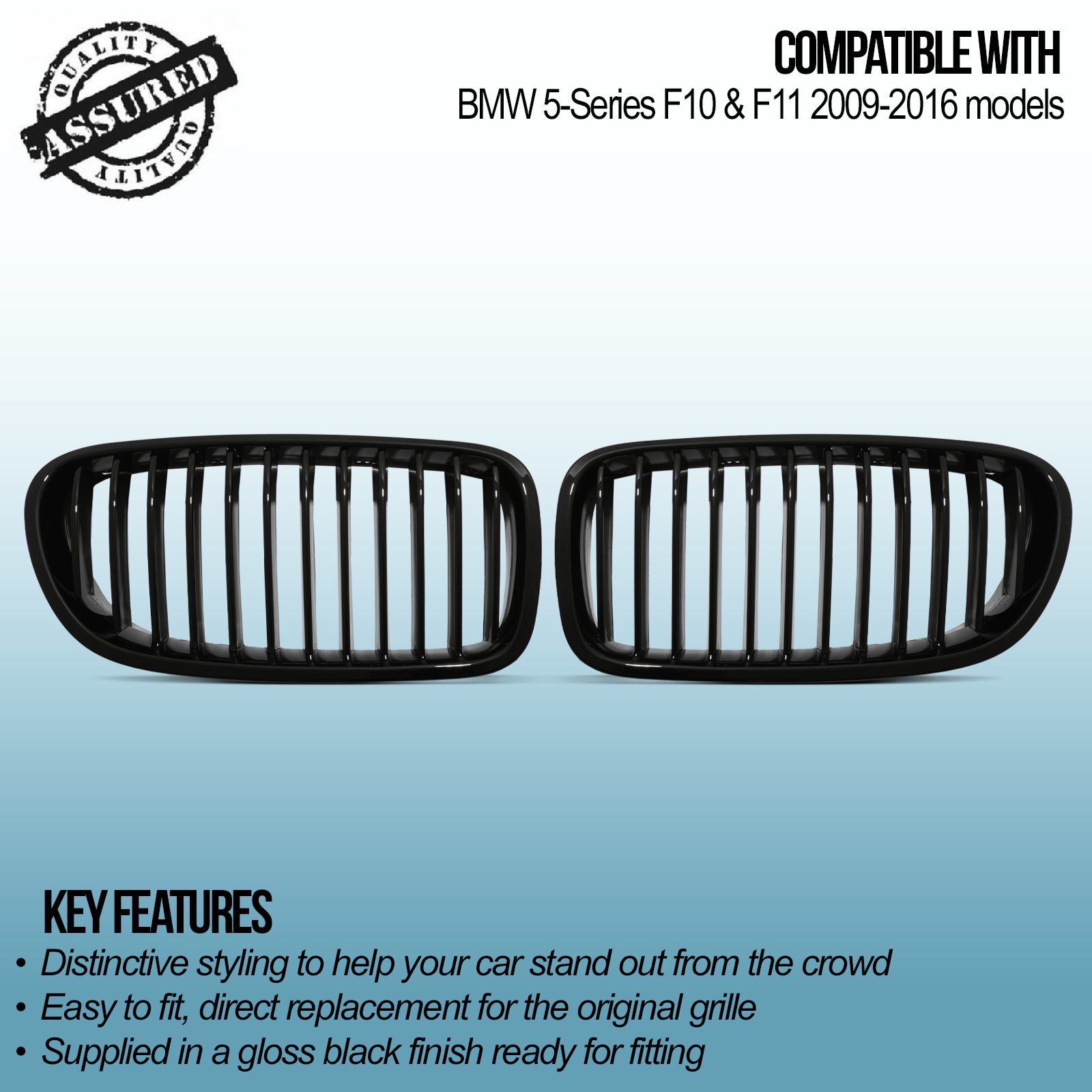 Gloss Black Dual Slat Kidney Grille Set For BMW F10 F11 M5 2010-2016 – Left & Right