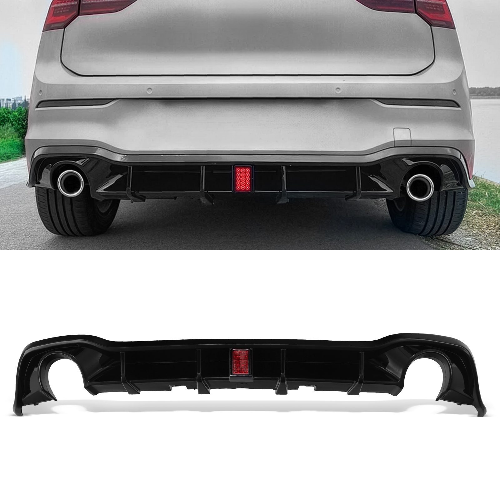 Rear Diffuser Gloss Black with LED Rain Light - VW Golf MK8 GTI GTD GTE ...