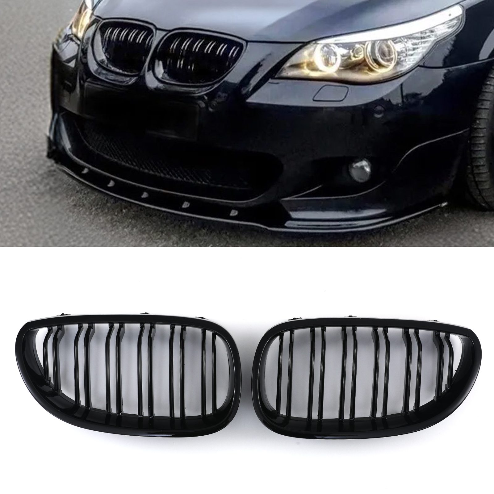 Twin Bar Front Kidney Grilles Gloss BMW 5 Series E60 E61 04 10 &ndash